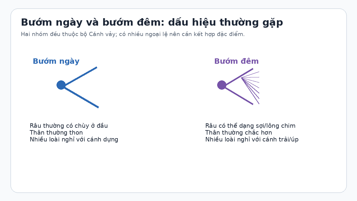 Sơ đồ các dấu hiệu thường gặp để phân biệt bướm ngày và bướm đêm