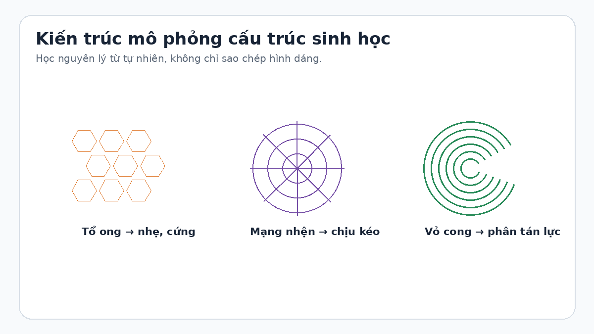 Minh họa tổ ong mạng nhện và vỏ cong gợi ý kết cấu kiến trúc