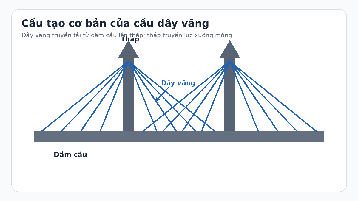 Sơ đồ cấu tạo cầu dây văng gồm tháp, dây văng và dầm cầu